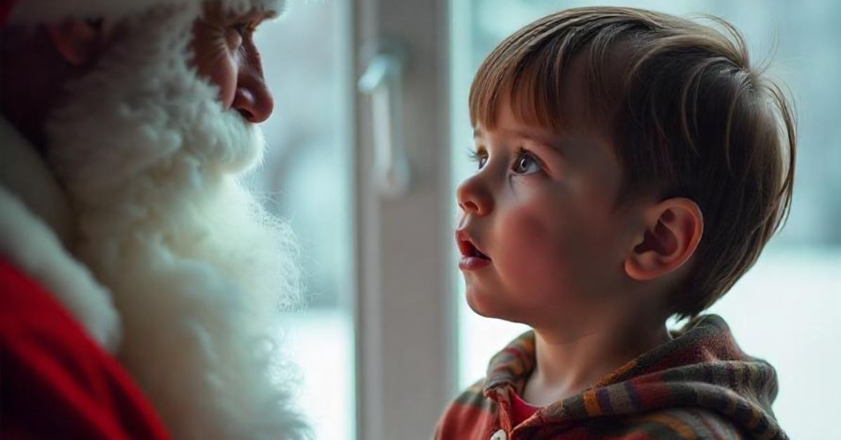 Dečak u neverici gleda u lice Deda Mraza