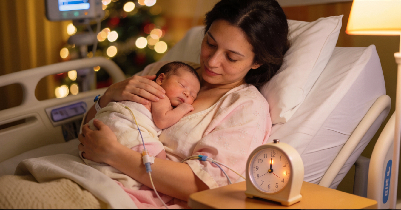 mama sa bebom u porodilištu za novu godinu