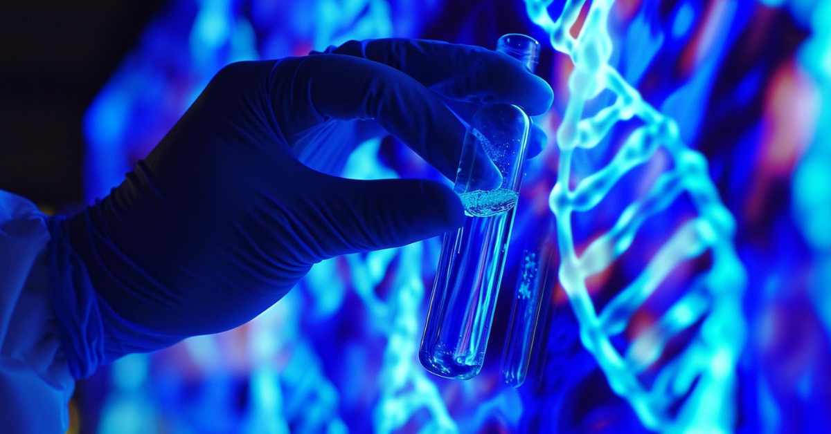 ruka drži bočicu uzorka u genetskoj laboratoriji