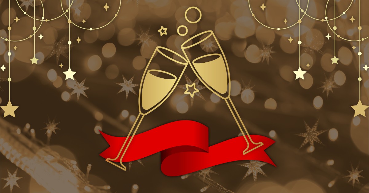 ilustracija dve čaše šampanjca i crvene trake za Novu godinu