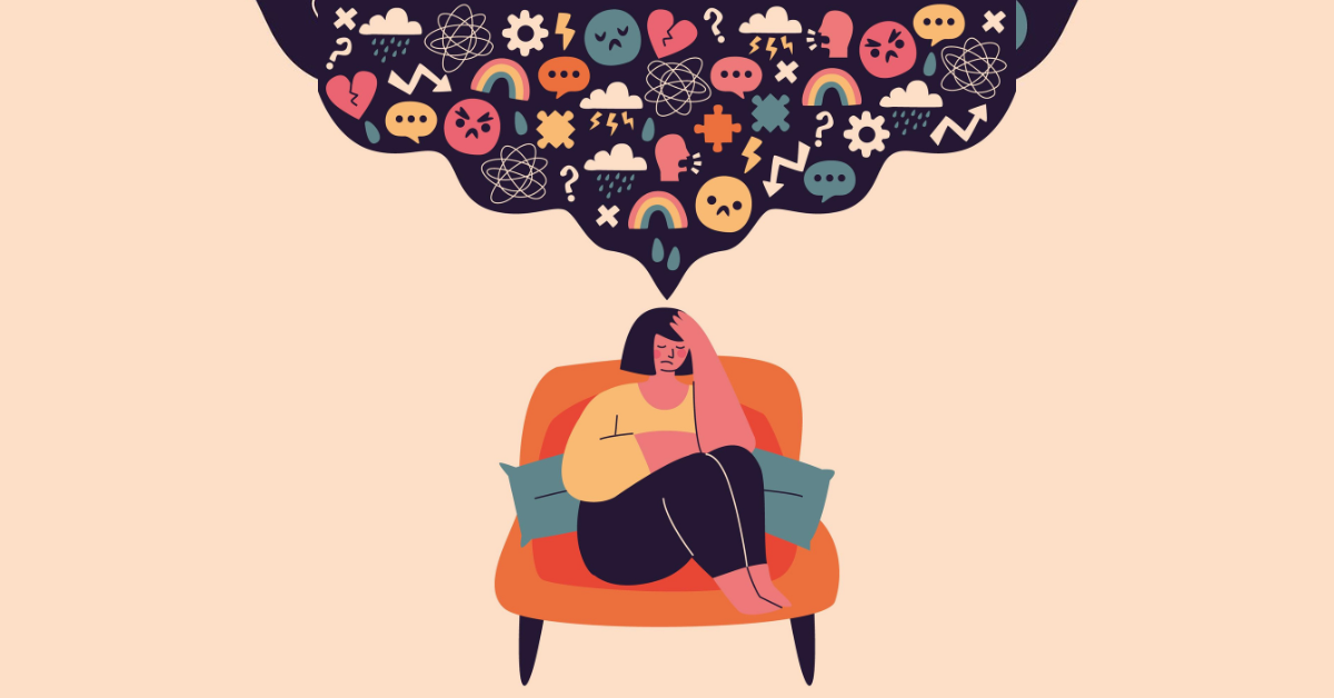 Ilustracija zabrinute žene na fotelji