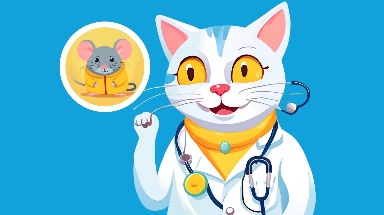 Ilustracija mačak obučen kao doktor i miš