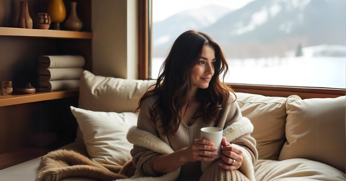 žena gleda kroz prozor i pije čaj