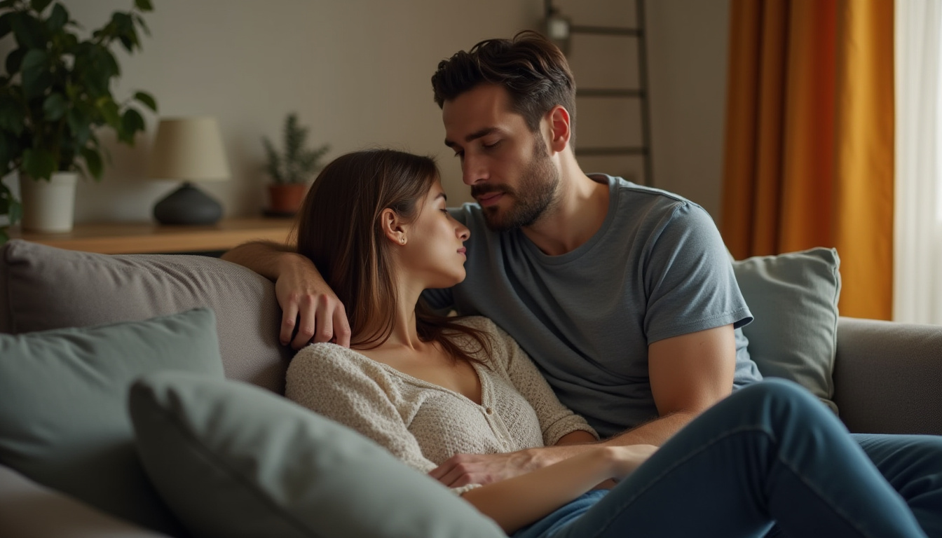 muž teši tužnu ženu na kauču AI