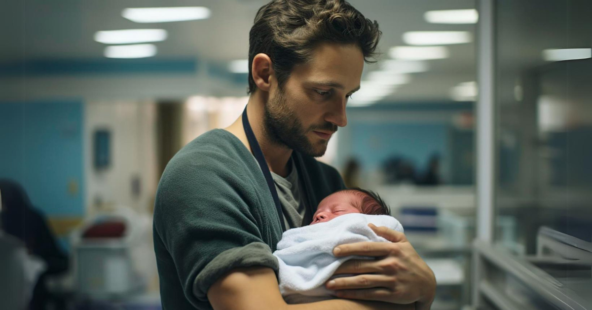 tata drži tek rođenu bebu u naručju u bolnici