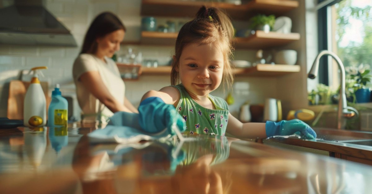 Ai fotografija devojčice kako čisti kuhinju