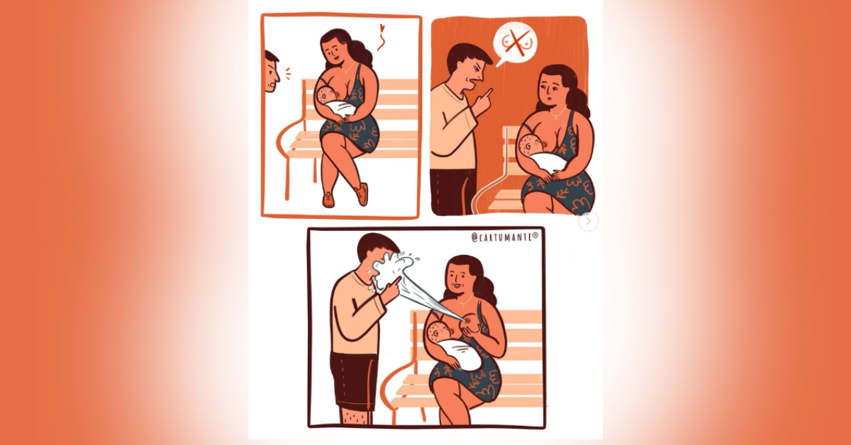 ilustracija strip osude dojenja u javnosti i reakcija mame