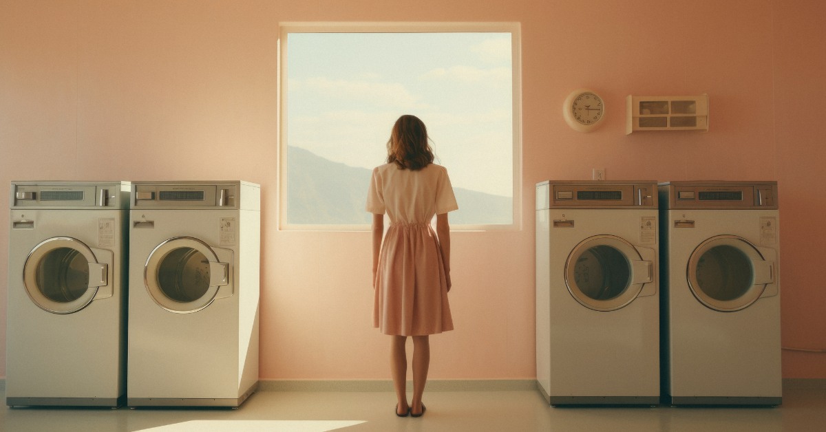žena okružena veš mašinama gleda kroz prozor