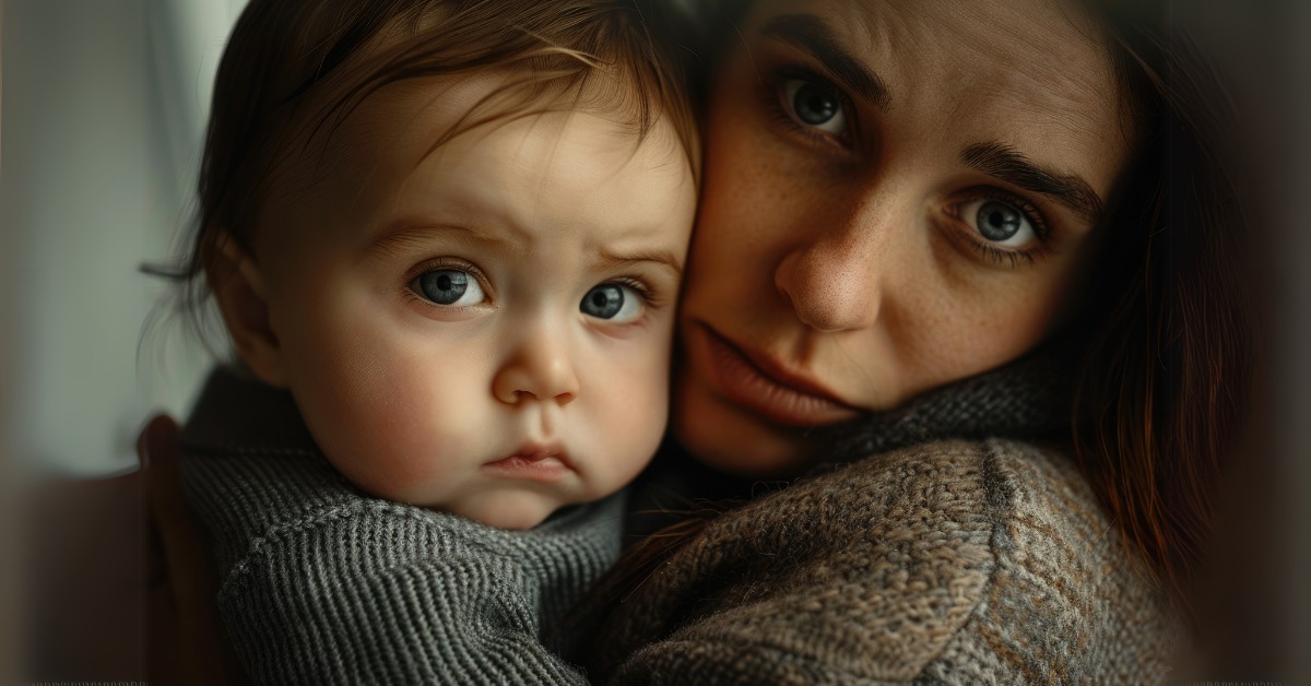 tužna zabrinuta mama sa bebom