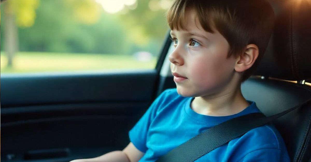 dečak sedi na prednjem sedištu automobila