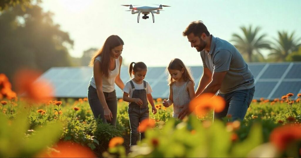 FGotografija porodice u polju makova iznad koje leti dron