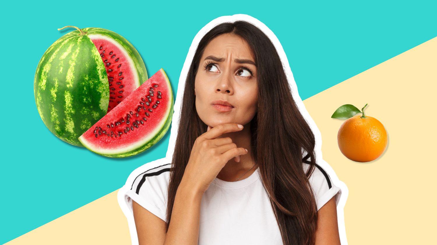 Zamišljena mlada žena lubenica narandža