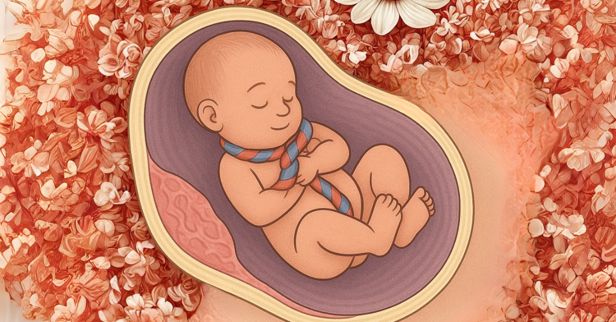 ilustracija bebe u stomaku sa obmotanim pupčanikom oko vrata