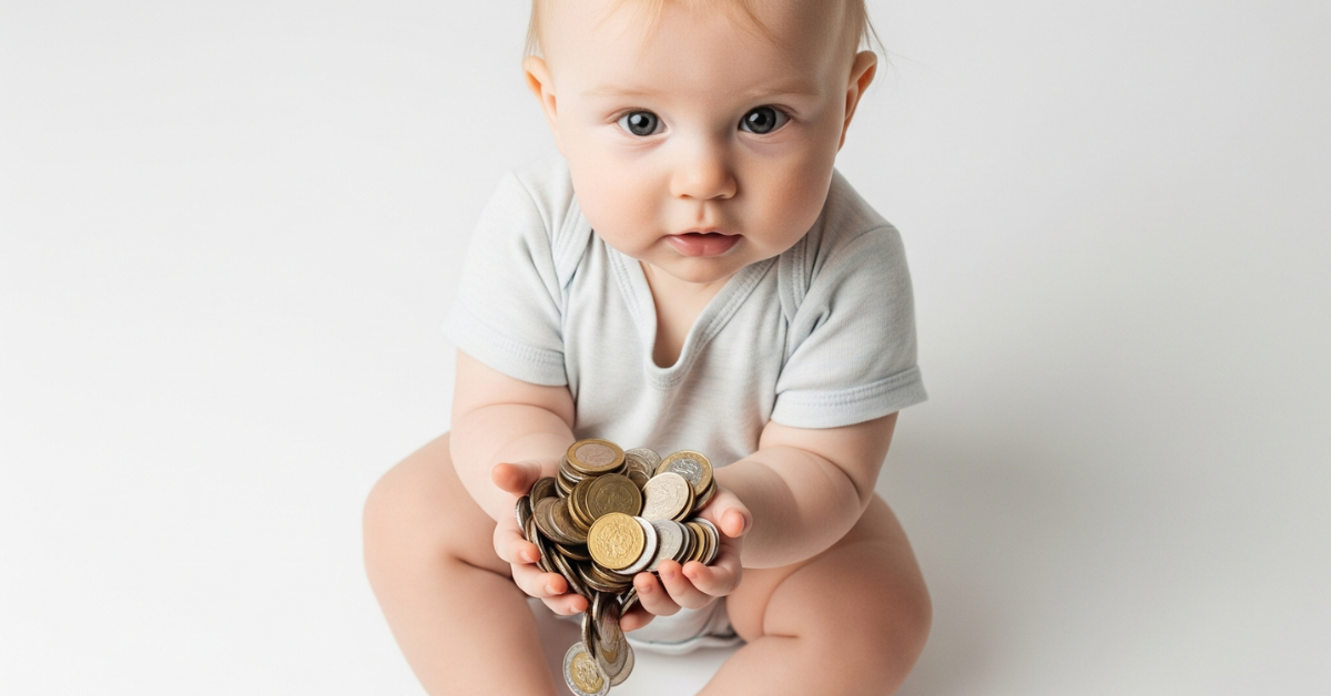 beba drži novićiće u ruci