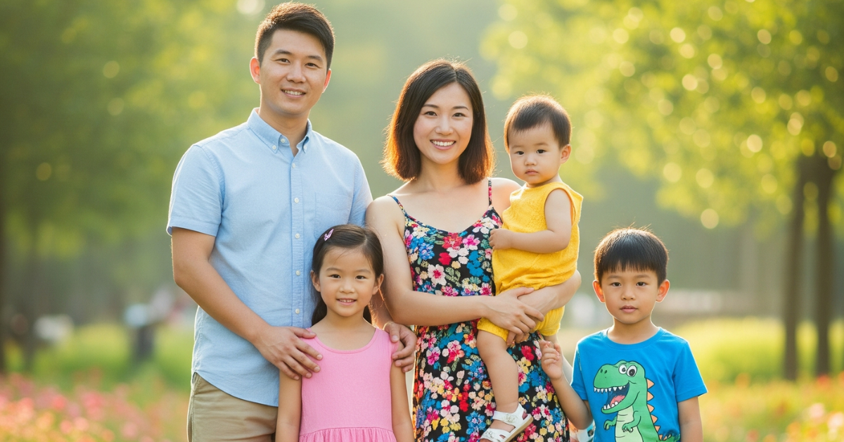 Kineska porodica sa troje dece u letnjem ambijentu
