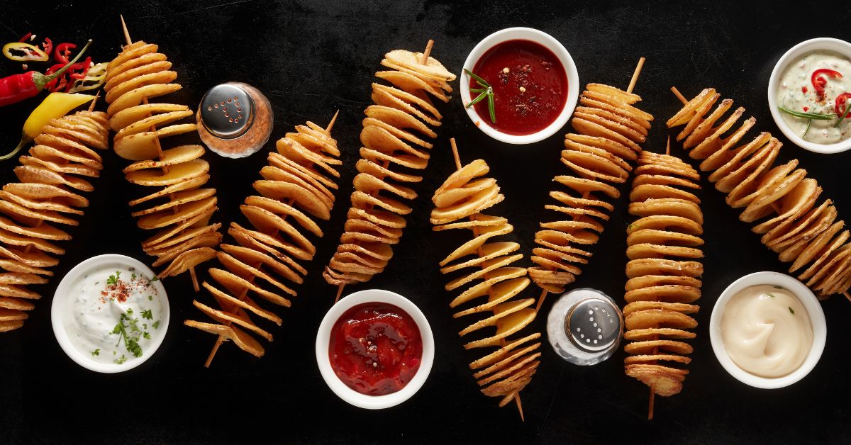 Spiralni krompir poslužen sa dodacima