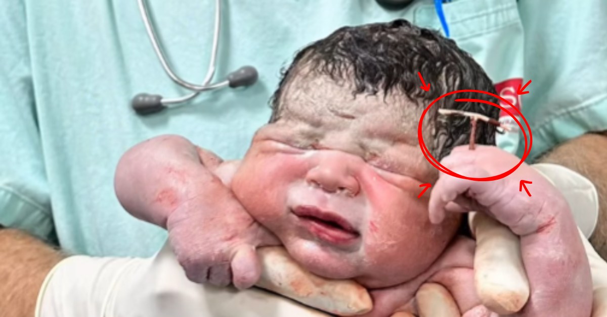 novorođena beba sa spiralom u ruci