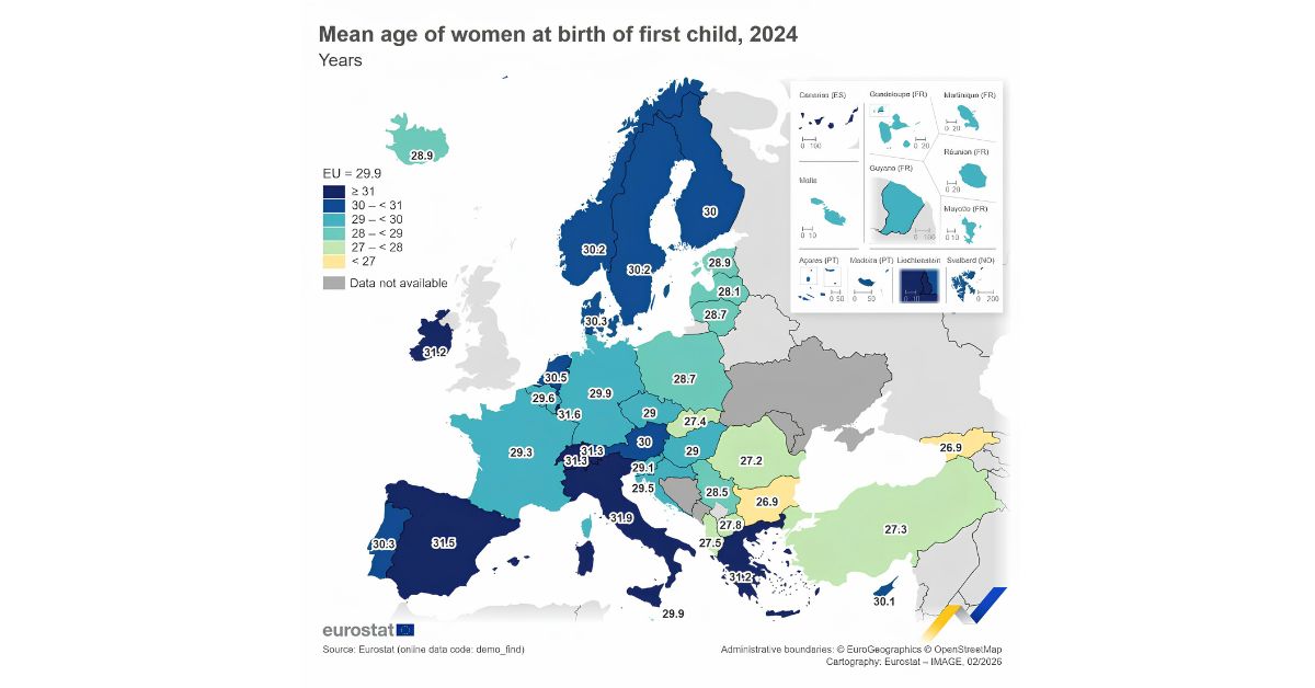 Mapa Evrope prosečna starost prvorotke