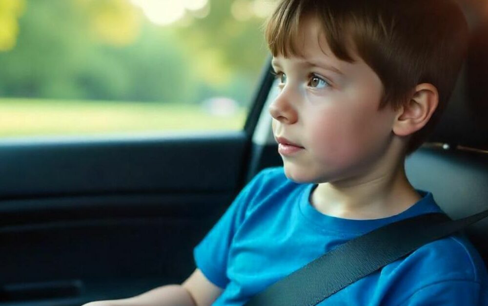 dečak sedi na prednjem sedištu automobila